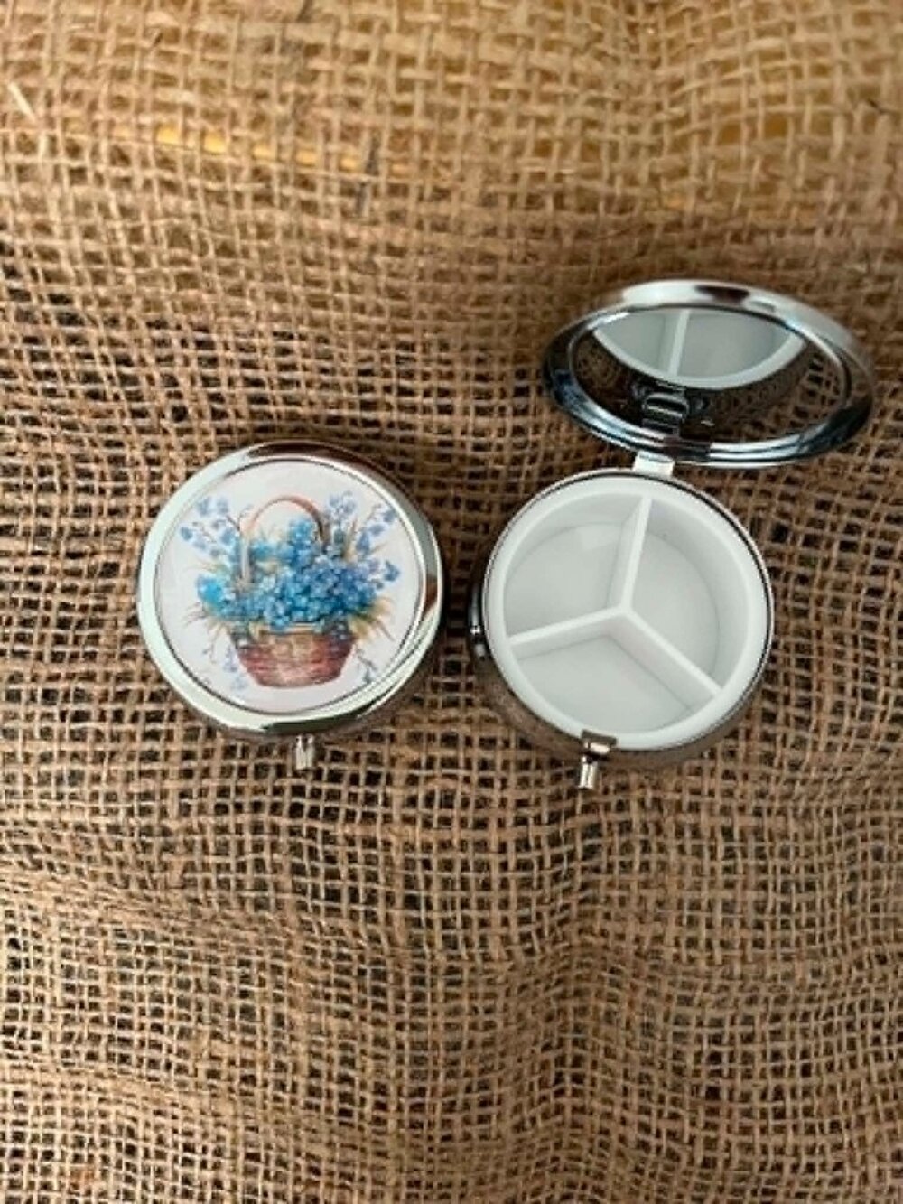 Forget Me Knots Basket Themed Three Compartment Pill Box